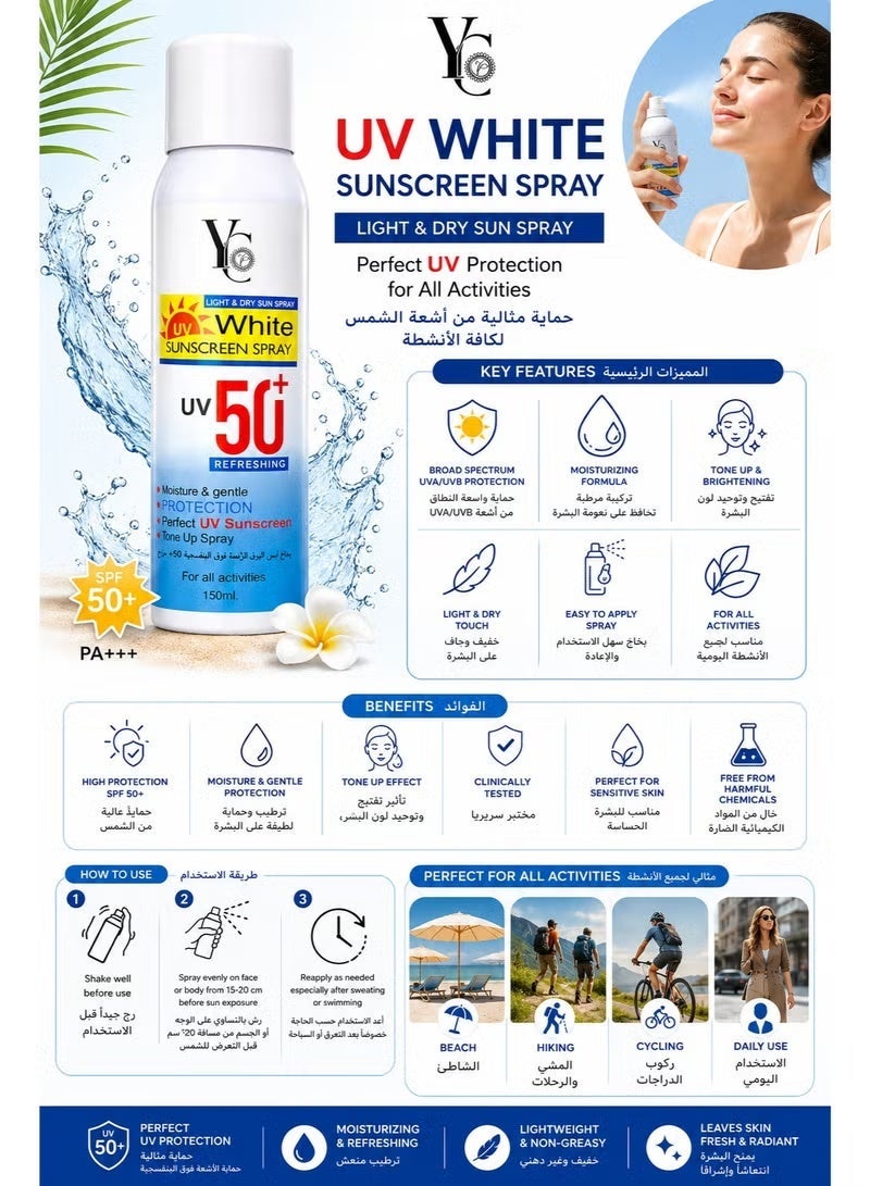 YC White UV Sunscreen Spray SPF 50+ Refreshing Formula, 150ml - Image 2