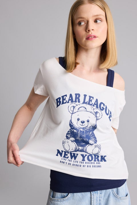 White Woman Boxy Fit Boat Collar Printed Short Sleeve T-Shirt Casual