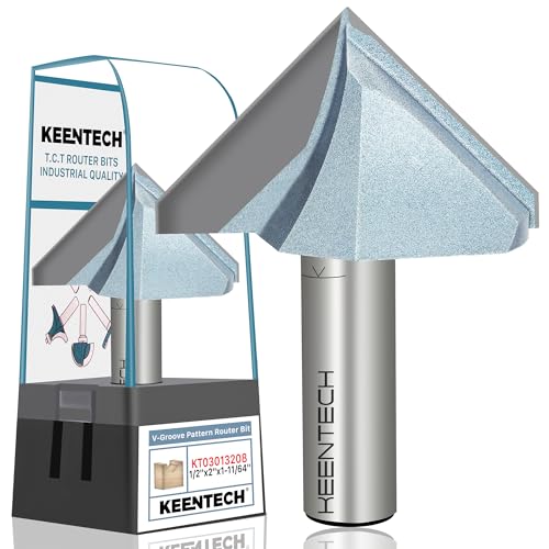 KEENTECH 90 Degree V Groove Router Bit for Woodworking with 1/2" Shank, Industrial Grade Carbide, 2" Diameter x 1-11/64" Cutting Depth, with Storage Case - Image 1