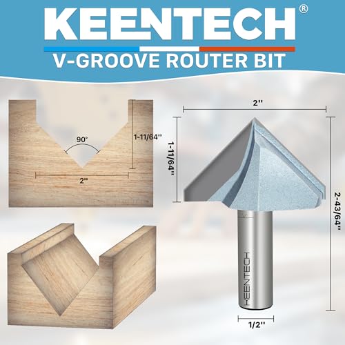 KEENTECH 90 Degree V Groove Router Bit for Woodworking with 1/2" Shank, Industrial Grade Carbide, 2" Diameter x 1-11/64" Cutting Depth, with Storage Case - Image 2