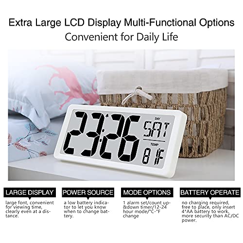 TXL 14.2" Large Digital Day Wall Clock, Custom 8 Languages Calendar, Count up-Down Timer and Temp Reminder, 12/24Hr Desktop Alarm Clock with Extra Large Display for Home Office Studio Hotel, White - Image 5