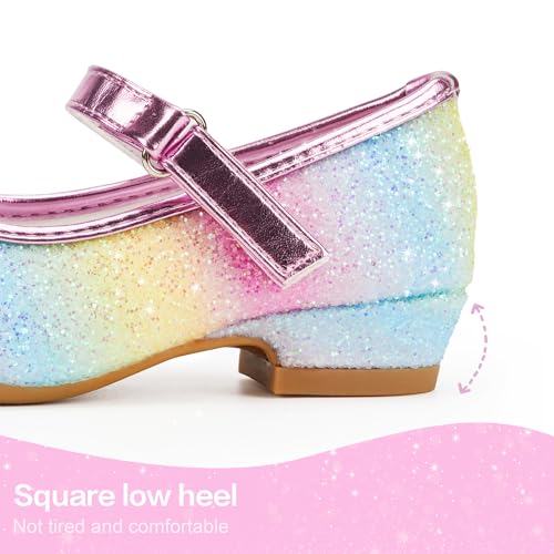 Stelle Girls Dress Shoes Glitter Princess Shoe Flower Mary Jane Low Heels Party Wedding Prom Footwear for Toddler Kids(T08-Rainbow, 9MT) - Image 4