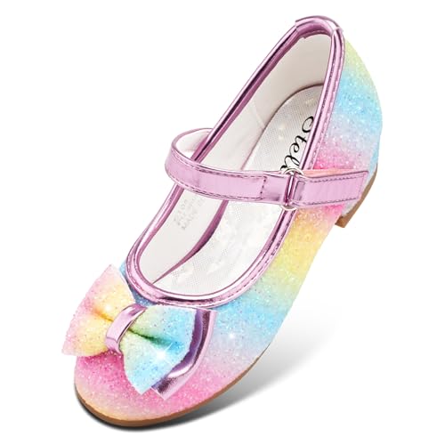 Stelle Girls Dress Shoes Glitter Princess Shoe Flower Mary Jane Low Heels Party Wedding Prom Footwear for Toddler Kids(T08-Rainbow, 9MT) - Image 1