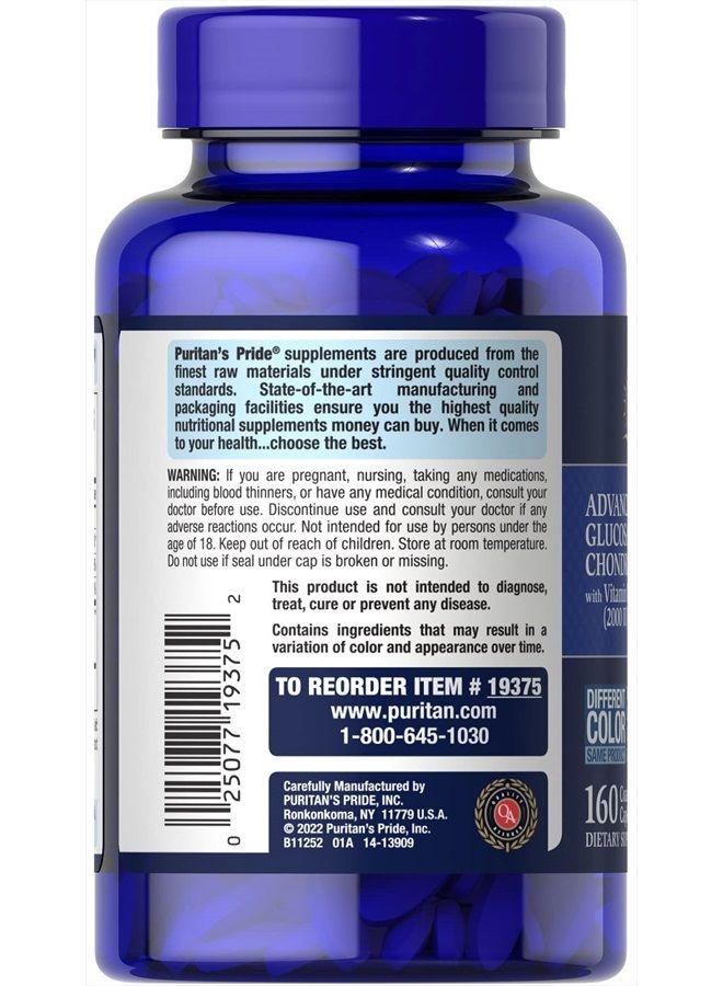 Puritan's Pride Triple Strength Glucosamine Chondroitin with Vitamin D3 Caplets, 160 Count  - Image 2