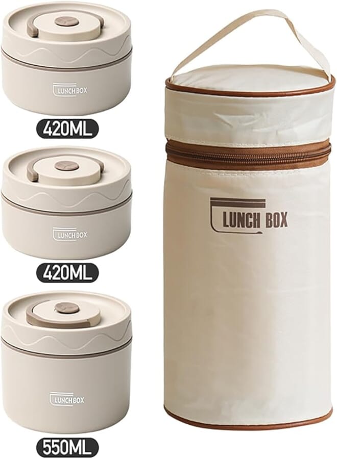 TAPIT Stainless Steel Thermal Bento Box Leakproof Lunch Box,Portable Insulated Lunch Container Set With Bag For Adults, Kids Stackable Stainless Steel Food Container (3 Layer beige,2*420ml+1*550ml)