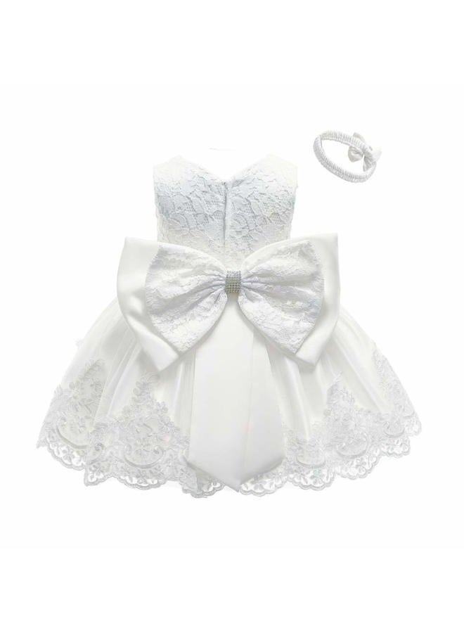 AIMJCHLD Toddler Baby Girls Formal Dresses Infant Bowknot Embroidery Tutu Lace Gown Dress Kids Pageant Party Wedding Birthday Flower Dresses Size 12M (White 12M) - Image 1