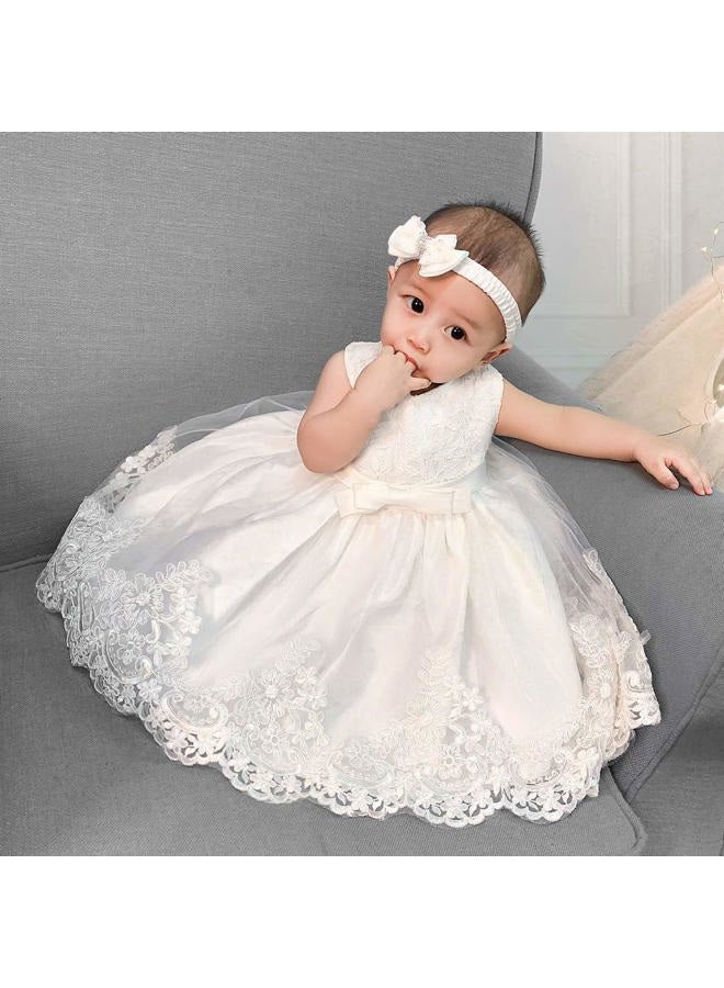 AIMJCHLD Toddler Baby Girls Formal Dresses Infant Bowknot Embroidery Tutu Lace Gown Dress Kids Pageant Party Wedding Birthday Flower Dresses Size 12M (White 12M) - Image 3