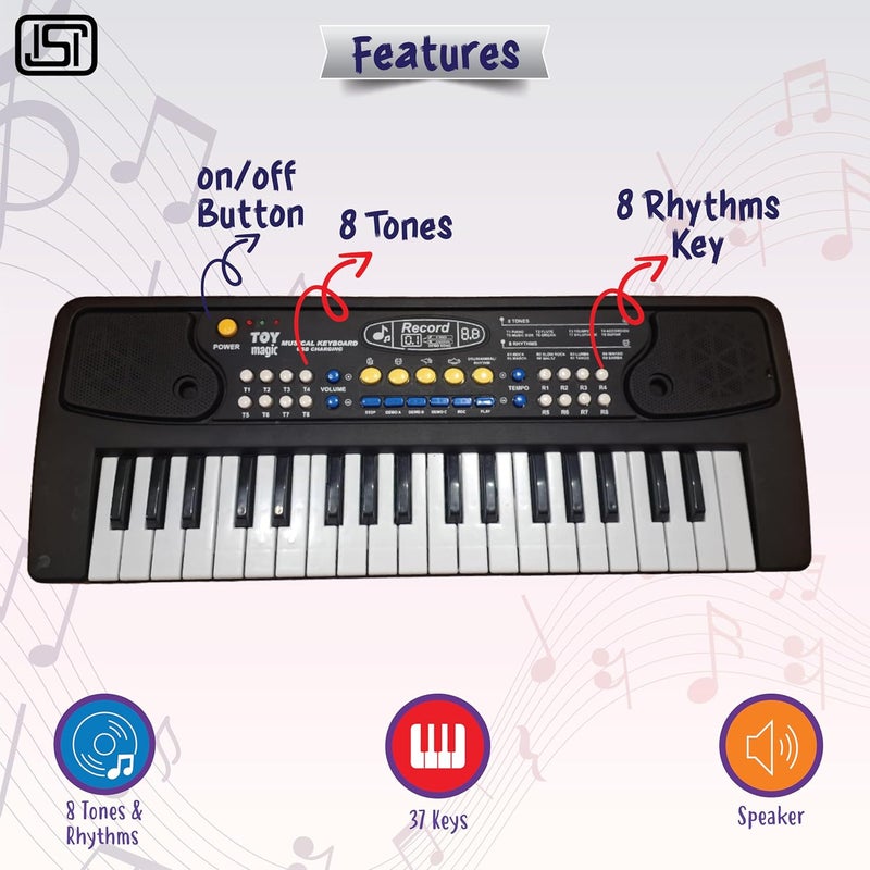 ToyMagic Kids Keyboard with 37 Keys & Microphone|Electronic Piano for Beginners|Portable Rechargable Keyboard Piano|USB Charging|48 x 17Cm Black Color|Best Gift for 3+ Years|Made in India - Image 4