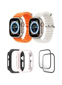 Silicone Ocean Band Strap for Apple Watch Ultra 8 49mm Orange/Snow White , Case Compatible with Apple Watch Ultra 49mm Black/Pink , 2* pcs Watch glass Set of 6