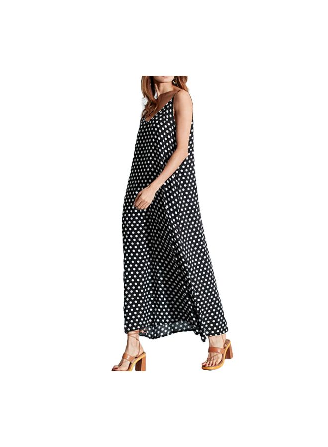 اليشمك فستان طويل بتصميم مزين بطباعة منقّطة أسود/ أبيض - Image 3