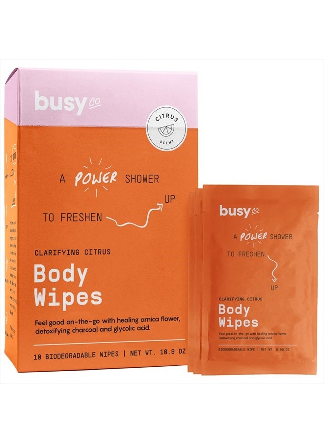 BUSYCO مناديل الجسم المنعشة للنساء - مناديل غسيل الجسم الكبيرة المنظفة - سميكة ورطبة إضافية - مناديل عرق الإبط لرائحة الجسم - بدون شطف، بدون دش - حمضيات طازجة - زهرة الأرنيكا، الفحم، وحمض الجليكوليك - Image 1