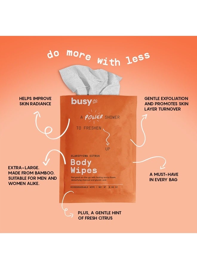 BUSYCO مناديل الجسم المنعشة للنساء - مناديل غسيل الجسم الكبيرة المنظفة - سميكة ورطبة إضافية - مناديل عرق الإبط لرائحة الجسم - بدون شطف، بدون دش - حمضيات طازجة - زهرة الأرنيكا، الفحم، وحمض الجليكوليك - Image 2