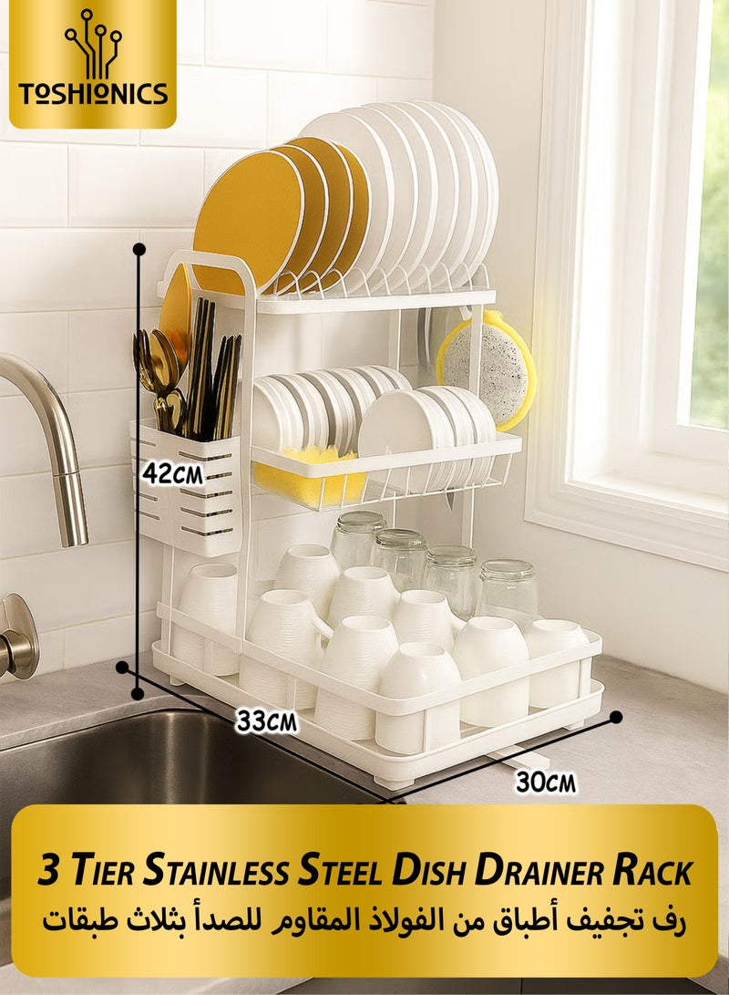 Toshionics 3 Tier Dish Drying Rack Over Sink T114614 – Large Stainless Steel Dish Rack with Utensil Holder & Draining Tray, Adjustable Water Spout, Rustproof Kitchen Organizer for Plates, Bowls, Cups & Cutlery, Countertop Storage Rack, White - Image 1