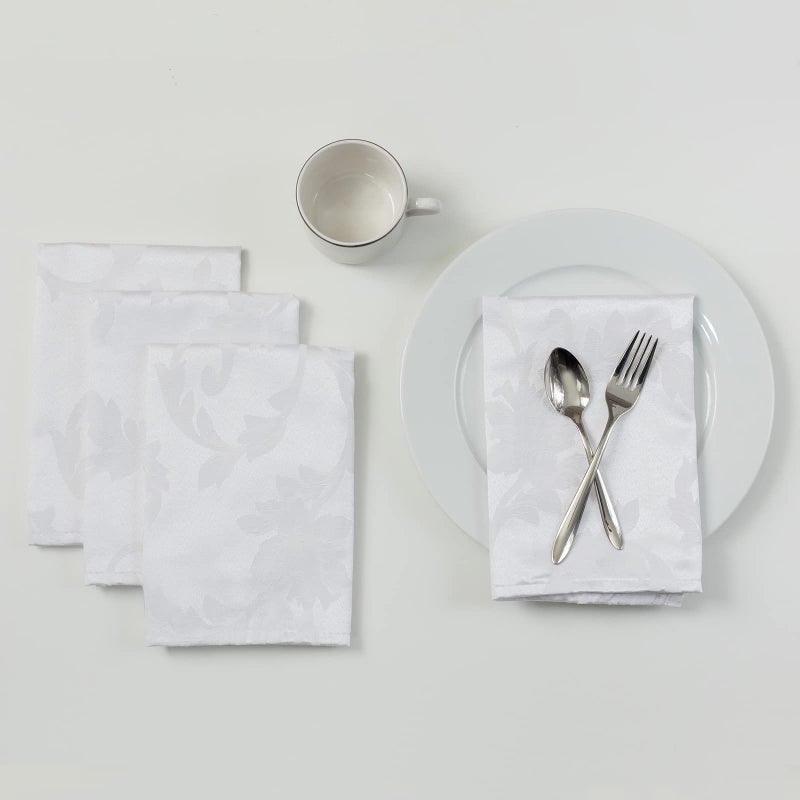 Benson Mills Harmony Scroll Woven Damask Fabric Set of 4 Napkins Everyday Parties Special Occasions Weddings and Holiday Cloth Napkin 18 x 18 Napkins White