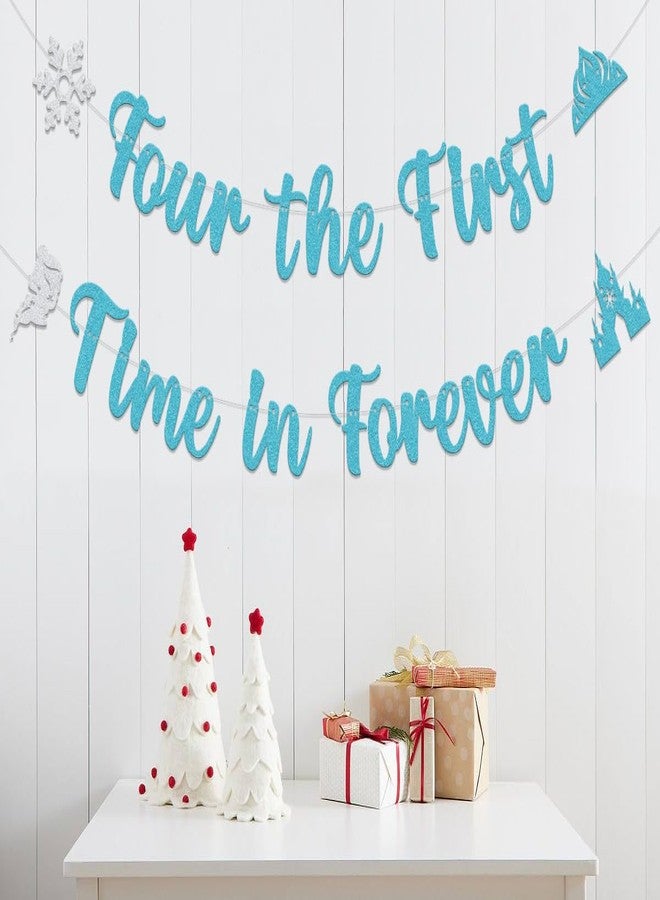WFKLDF Four the First Time in Forever Banner - Four the First Time in Forever Birthday Decoration - Princess Birthday Decorations Blue - Image 4