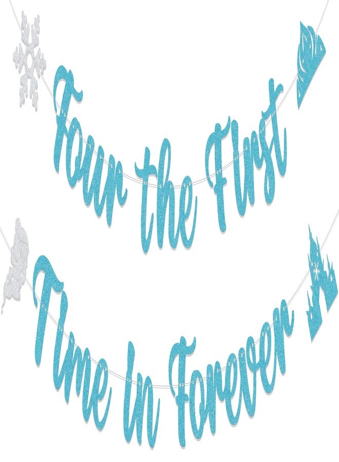 WFKLDF Four the First Time in Forever Banner - Four the First Time in Forever Birthday Decoration - Princess Birthday Decorations Blue - Image 1