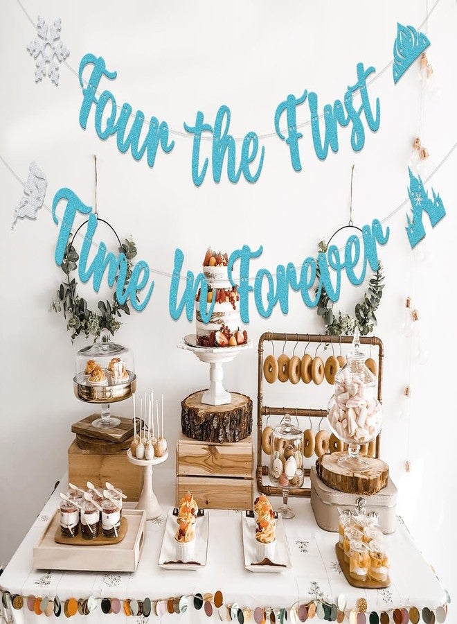 WFKLDF Four the First Time in Forever Banner - Four the First Time in Forever Birthday Decoration - Princess Birthday Decorations Blue - Image 3