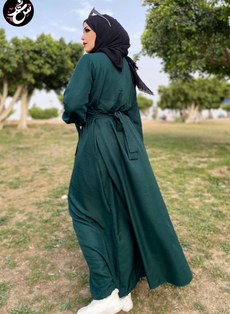 سِتر فستان كتان طويل - اخضر غامق - Image 3