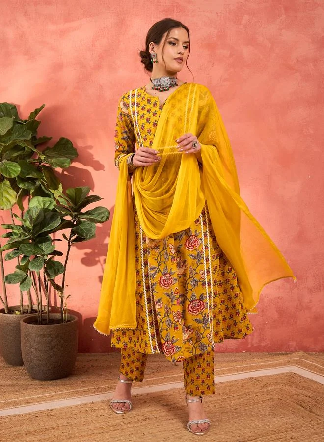 SASSAFRAS SASSAFRAS Yellow Floral Anarkali Kurta with Pencil Pants and Dupatta Set