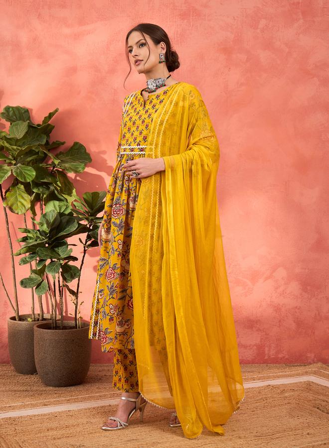 SASSAFRAS Yellow Floral Anarkali Kurta with Pencil Pants and Dupatta Set - Image 4