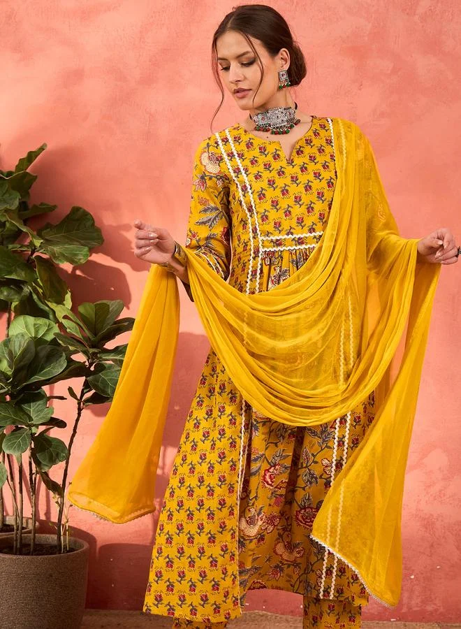 SASSAFRAS SASSAFRAS Yellow Floral Anarkali Kurta with Pencil Pants and Dupatta Set