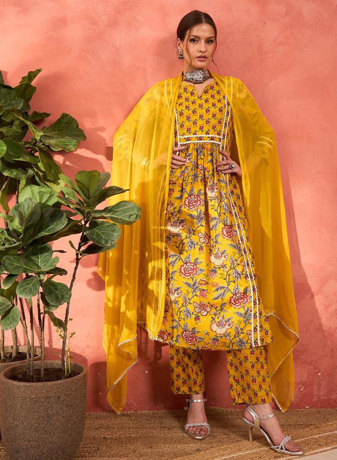 SASSAFRAS Yellow Floral Anarkali Kurta with Pencil Pants and Dupatta Set - Image 3