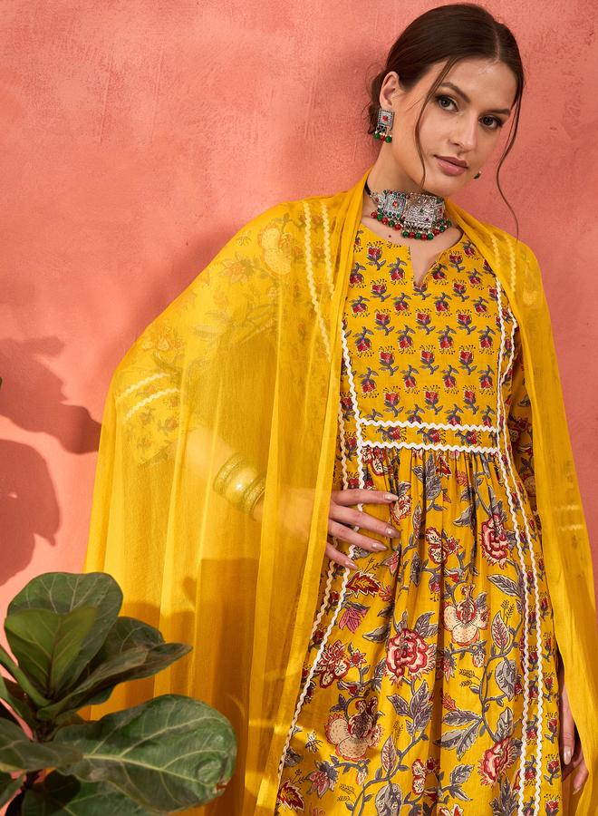 SASSAFRAS Yellow Floral Anarkali Kurta with Pencil Pants and Dupatta Set - Image 5