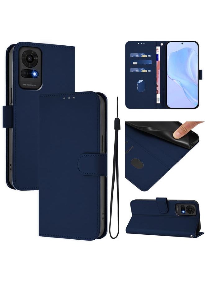 Zaboon - For TCL 50 LE Skin Feel Solid Color Leather Phone Case with Lanyard(Navy Blue) - Image 1