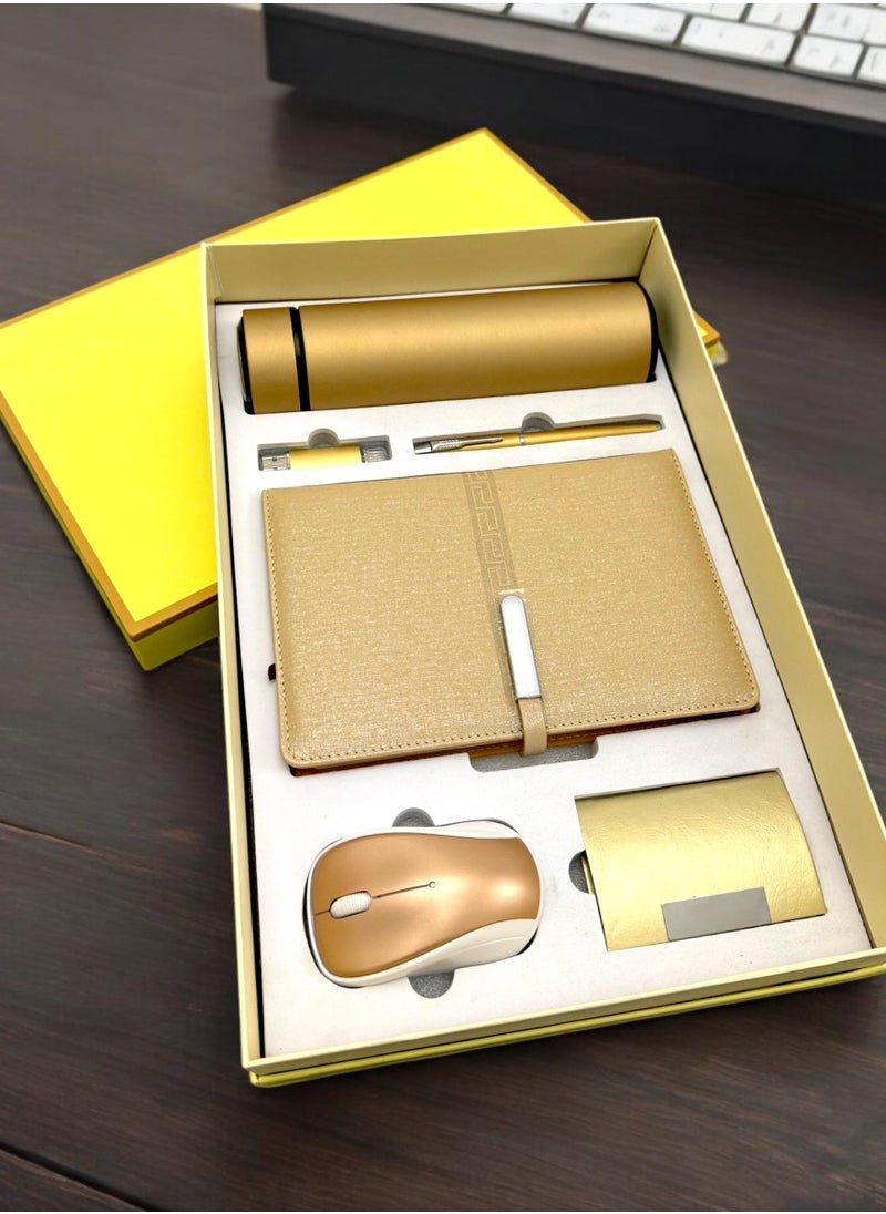 Office Gift Set for Staff or Friends with Thermal Bottle Wireless Mouse Notebook Pen and Card Holder in Gold Finish