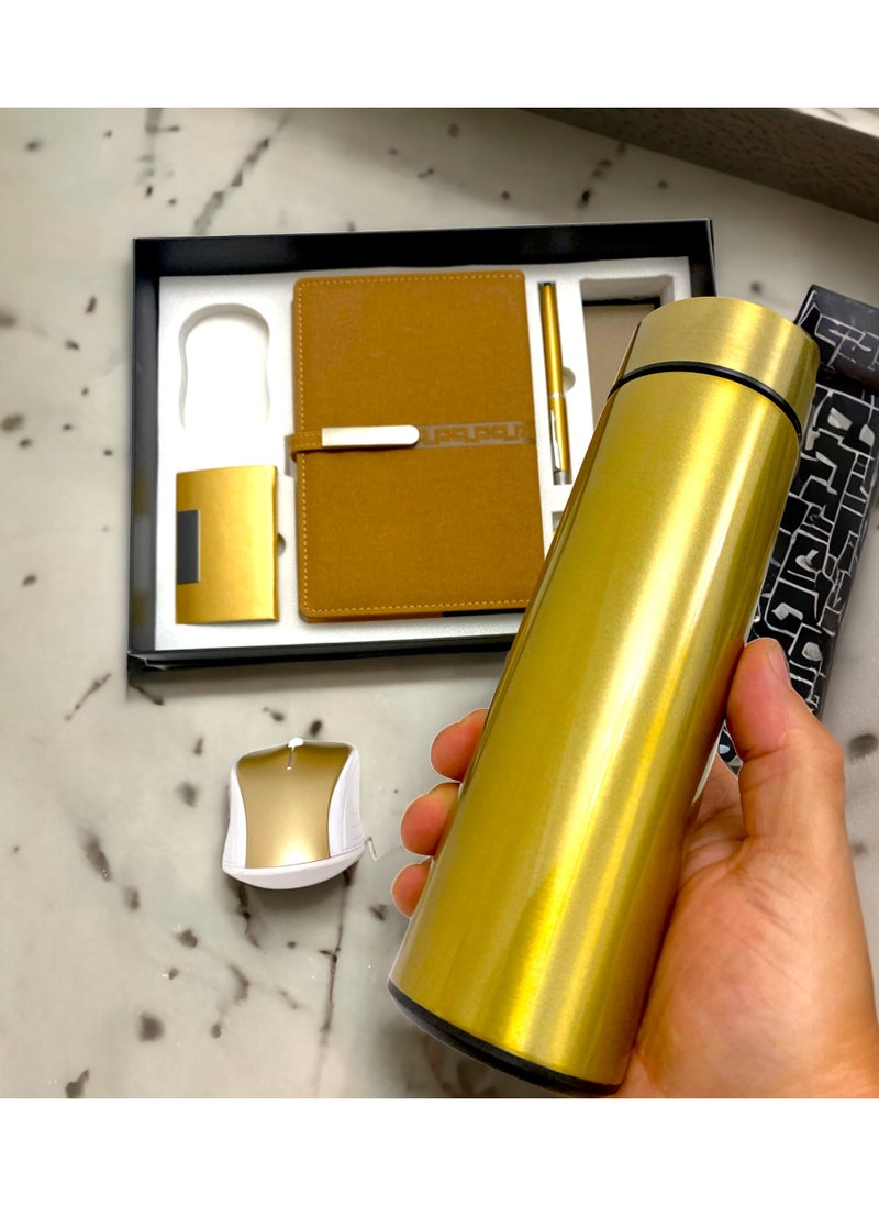 Office Gift Set for Staff or Friends with Thermal Bottle Wireless Mouse Notebook Pen and Card Holder in Gold Finish