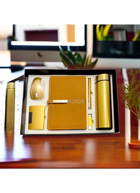 Office Gift Set for Staff or Friends with Thermal Bottle Wireless Mouse Notebook Pen and Card Holder in Gold Finish