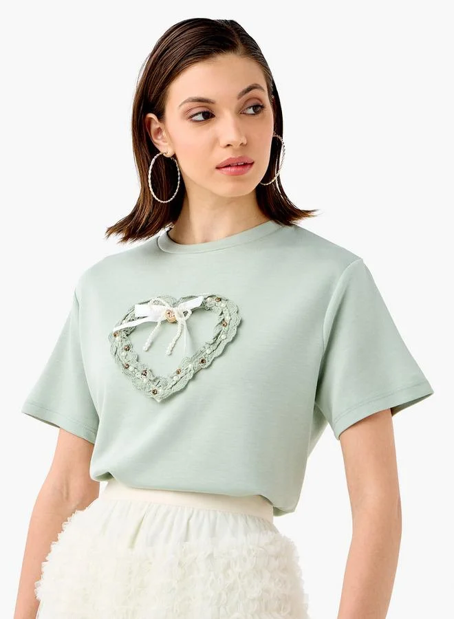 2Xtremz Heart Embroidered T-shirt with Crew Neck and Short Sleeves