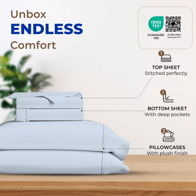 THREAD SPREAD 100% Egyptian Cotton Sheets Queen Size - 600 Thread Count Sheets Queen, 4 PC Luxury Sheet Set Queen Size, Soft, Cooling Sateen Weave Deep Pocket Sheet, Fits Mattress upto 18"- Light Blue - Image 3