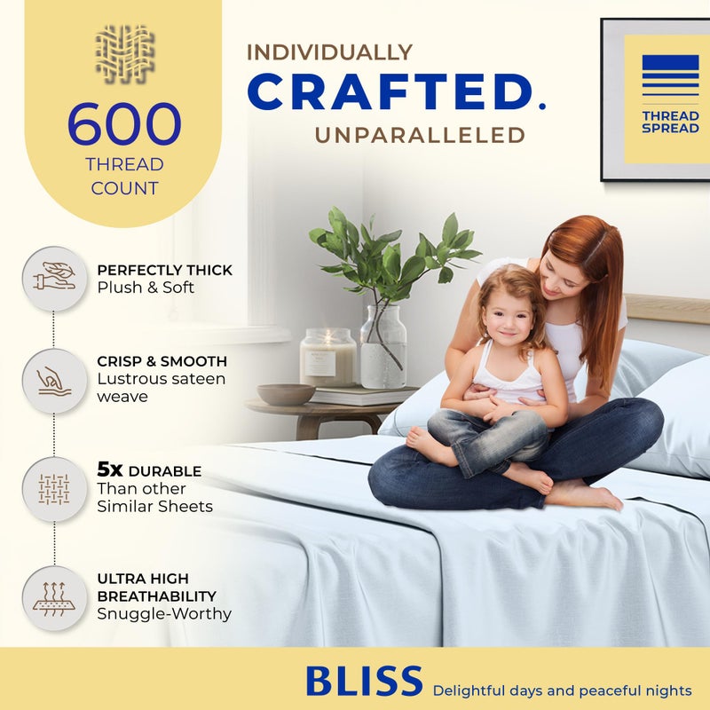 THREAD SPREAD 100% Egyptian Cotton Sheets Queen Size - 600 Thread Count Sheets Queen, 4 PC Luxury Sheet Set Queen Size, Soft, Cooling Sateen Weave Deep Pocket Sheet, Fits Mattress upto 18"- Light Blue - Image 2
