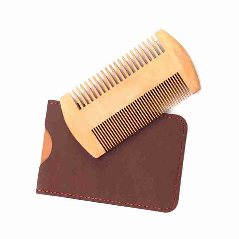 Natural Pearwood Beard Shaping Comb: Double Design - Vanilla Fragrant PU Leather Storage Bag for Daily Beard Mustache Styling - Image 1