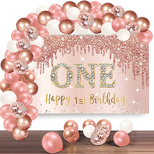 Bumqviy Happy 1st Birthday Banner Backdrop Decorations with Confetti Balloon Garland Arch, Rose Gold One Birthday Banner Balloon Set for Girls, Pink 1 Year Old Bday Poster Photo Booth Decor - Image 1