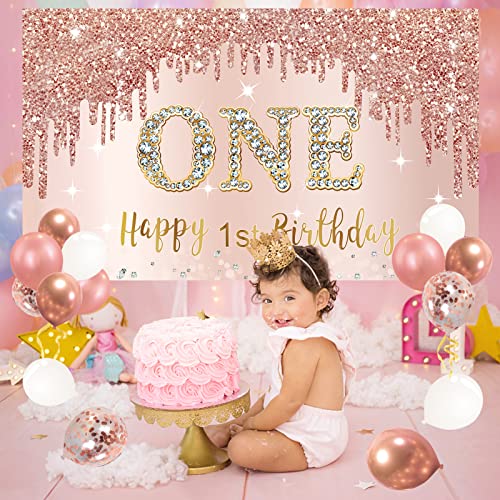 Bumqviy Happy 1st Birthday Banner Backdrop Decorations with Confetti Balloon Garland Arch, Rose Gold One Birthday Banner Balloon Set for Girls, Pink 1 Year Old Bday Poster Photo Booth Decor - Image 5