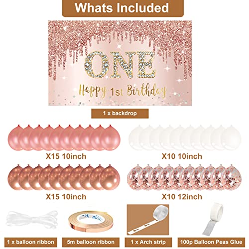 Bumqviy Happy 1st Birthday Banner Backdrop Decorations with Confetti Balloon Garland Arch, Rose Gold One Birthday Banner Balloon Set for Girls, Pink 1 Year Old Bday Poster Photo Booth Decor - Image 2