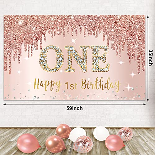 Bumqviy Happy 1st Birthday Banner Backdrop Decorations with Confetti Balloon Garland Arch, Rose Gold One Birthday Banner Balloon Set for Girls, Pink 1 Year Old Bday Poster Photo Booth Decor - Image 4