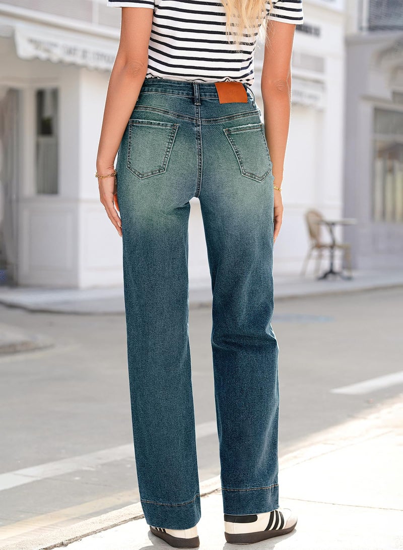 Sidefeel Women's Wide Leg Jeans High Waisted Stretchy Straight Leg Drawstring Spring Outfit Denim Pants with Pocktes Blue Sapphire Size 8 - Image 2