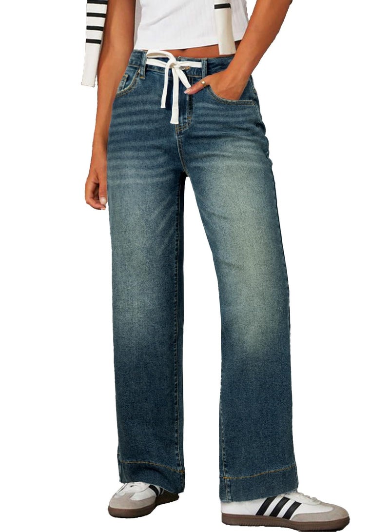Sidefeel Women's Wide Leg Jeans High Waisted Stretchy Straight Leg Drawstring Spring Outfit Denim Pants with Pocktes Blue Sapphire Size 8 - Image 1