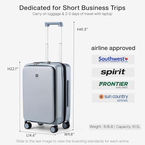 Hanke Grace Expandable Carry On Luggage with Wheels Airline Approved Hard Shell Suitcases with Front Pocket，Top Opening Luggage with TSA Lock for Short Business Travel, Grey. - Image 4