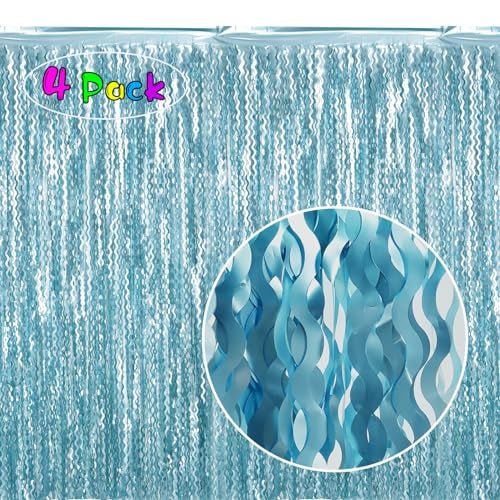 KEEUH 4 Pack Wavy Blue Foil Fringe Curtain 3.3x6.6 Feet | Blue Streamers Tinsel Backdrop for Under The Sea Party Decorations | Ocean Backdrop | Mermaid Birthday Decorations - Image 2