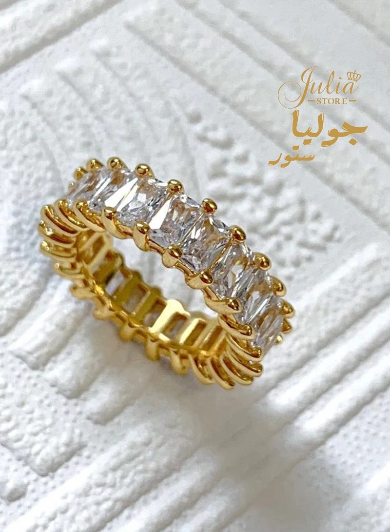 Julia Store Love Friendship Eternity Diamond Like Ring Wedding Band for Women, 18K Gold Plated Stainless Steel Emerald-Cut Baguette Cubic Zirconia Created-Gemstone Eternal Love Ring  - Image 1