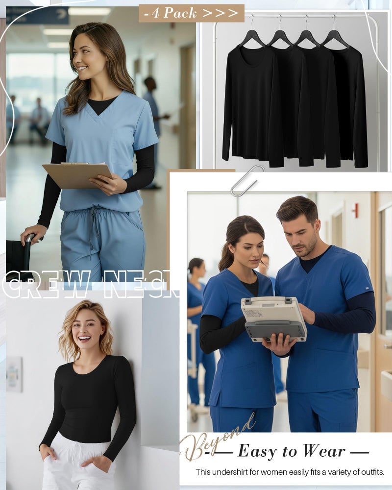 Xaatren 4 Pack Women's Underscrub Shirts Nurse Undershirts Long Sleeve Crewneck Slim Fit Tops Soft Stretchy Basic Tee(Black, Black, Black, Black,Small) - Image 2