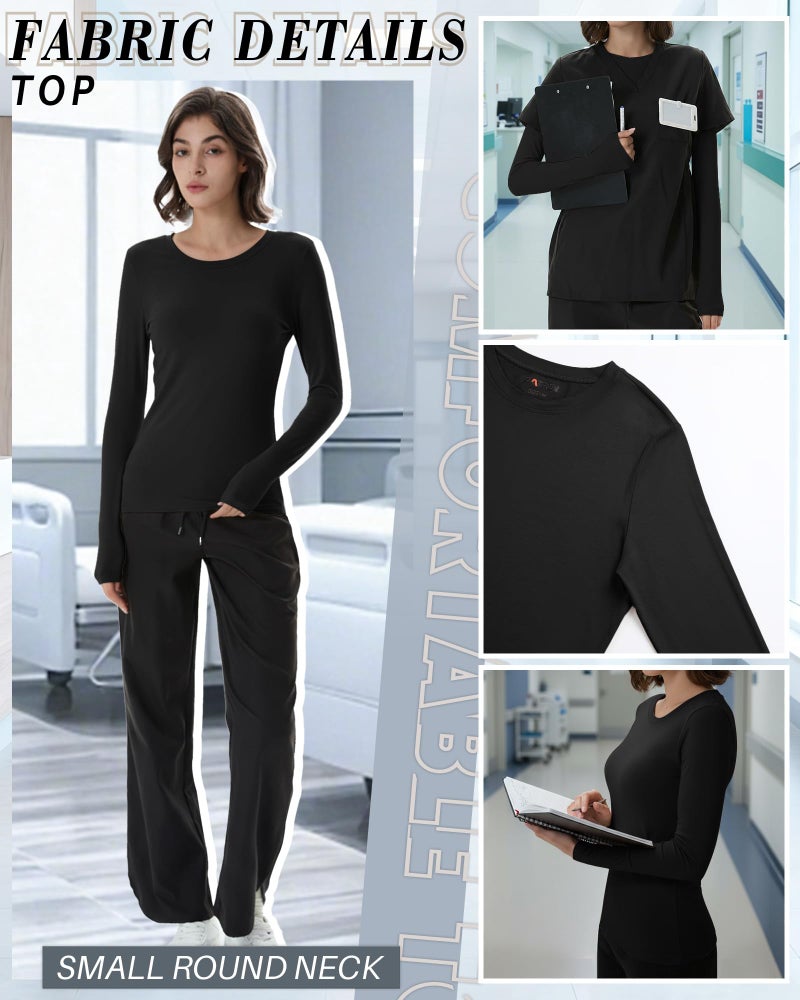Xaatren 4 Pack Women's Underscrub Shirts Nurse Undershirts Long Sleeve Crewneck Slim Fit Tops Soft Stretchy Basic Tee(Black, Black, Black, Black,Small) - Image 5