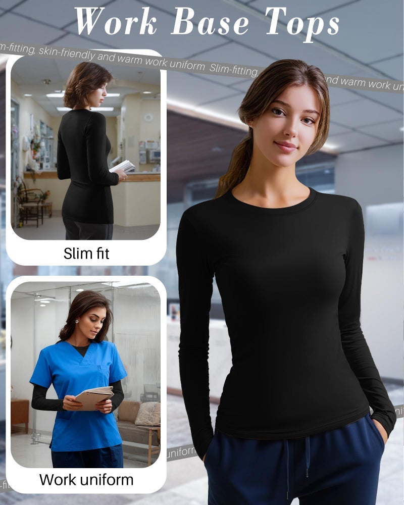 Xaatren 4 Pack Women's Underscrub Shirts Nurse Undershirts Long Sleeve Crewneck Slim Fit Tops Soft Stretchy Basic Tee(Black, Black, Black, Black,Small) - Image 4