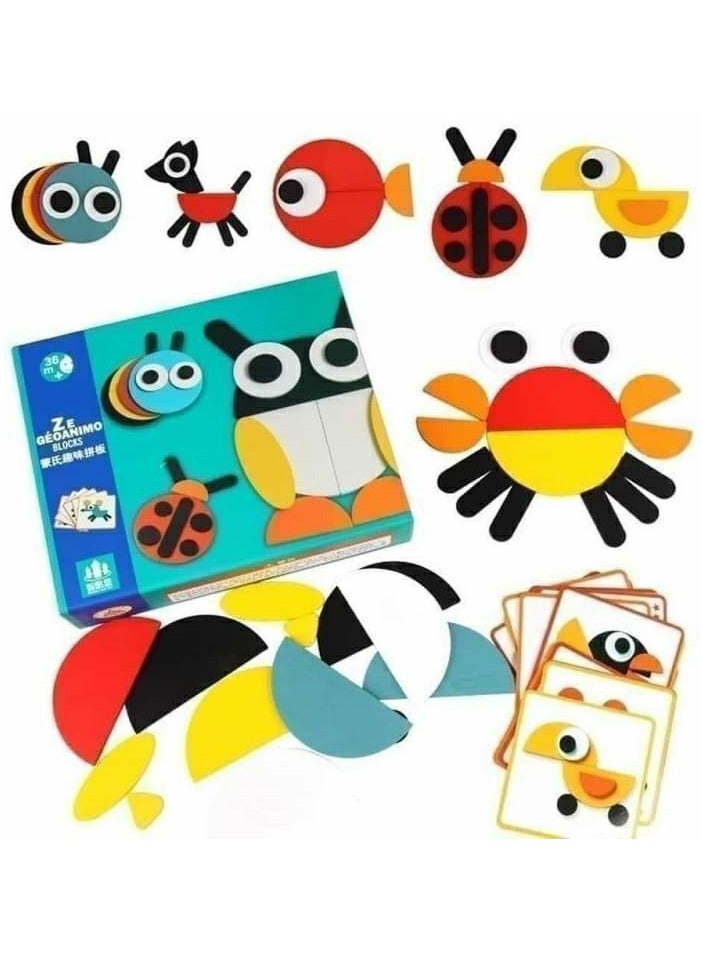 "Guanimo: An educational toy with colorful geometric pieces and challenge cards, enhancing your child's thinking and creativity skills while helping them learn about animals and create endless shapes using their imagination!" - Image 1