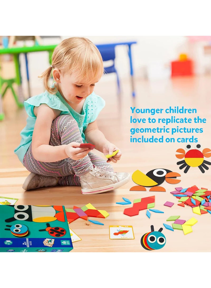 "Guanimo: An educational toy with colorful geometric pieces and challenge cards, enhancing your child's thinking and creativity skills while helping them learn about animals and create endless shapes using their imagination!" - Image 5