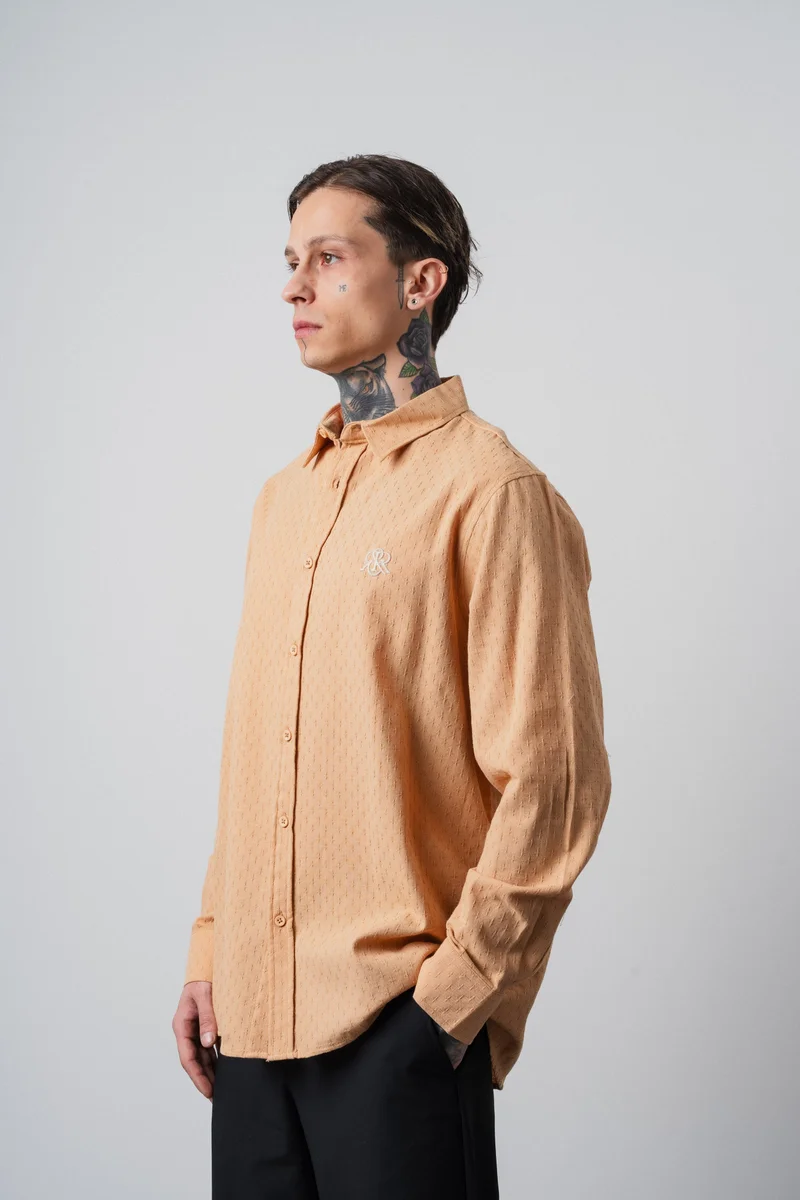 RESPIRE Men's Star Embroidered Long-Sleeve Oversize Shirt, Camel